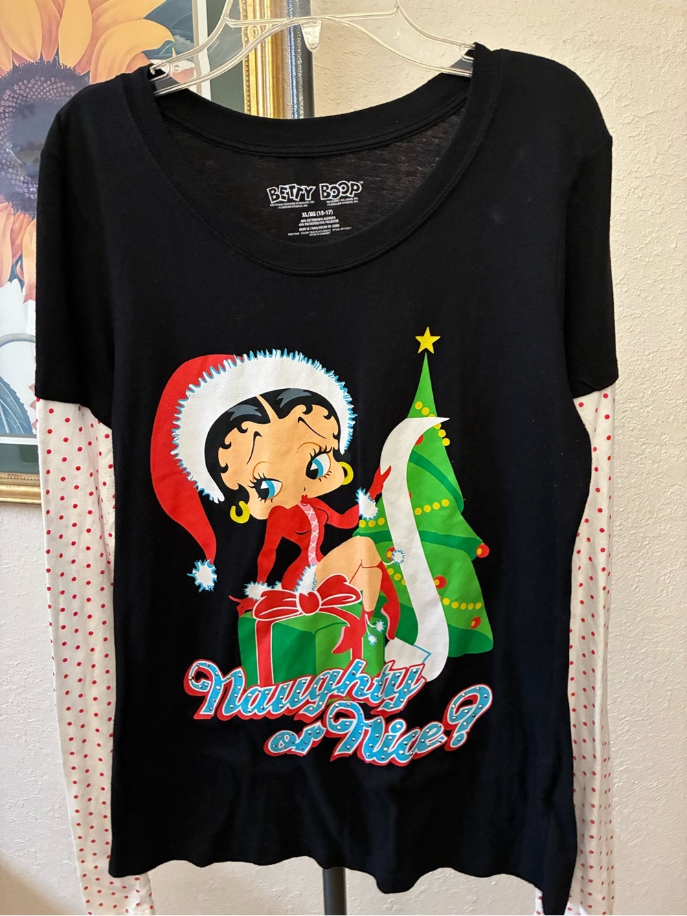 Betty Boop Black Holiday Sweatshirt with Red, Green & White Graphic
